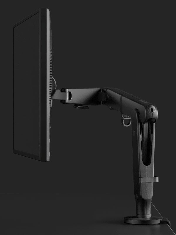 Zijaanzicht van een zwarte Ollin-gamingmonitorarm van Herman Miller.