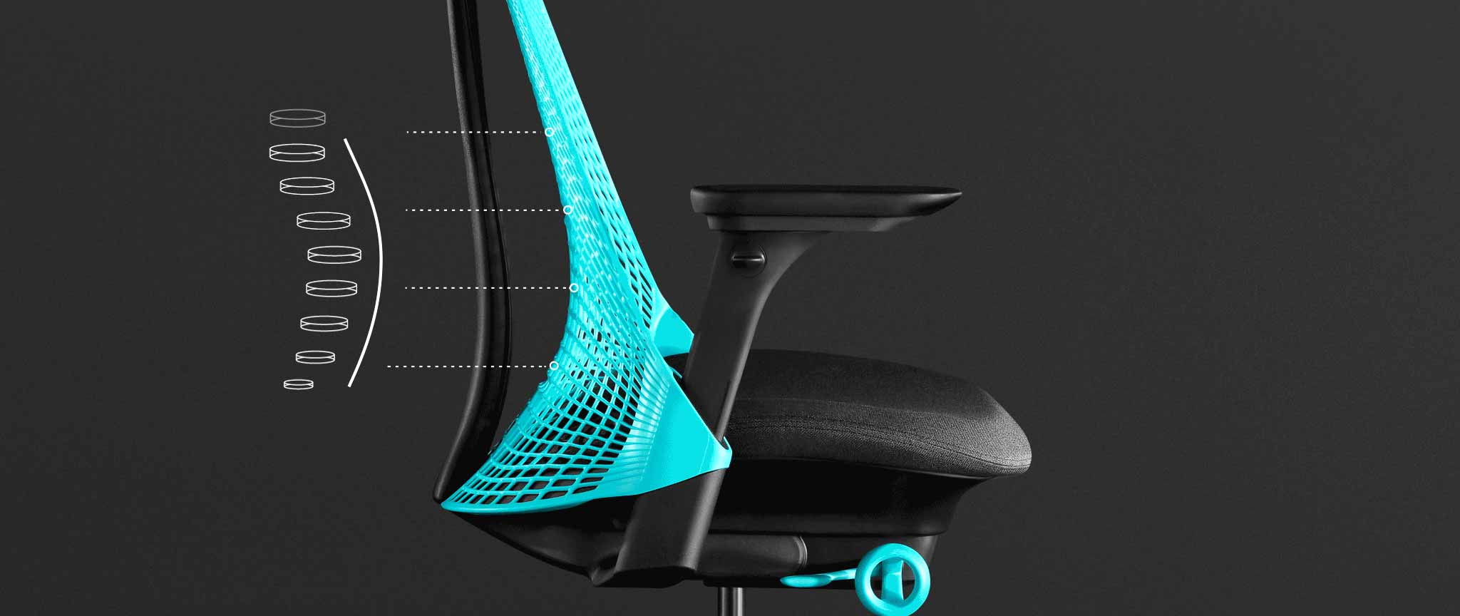 Zijaanzicht van een blauw-zwarte Sayl-gamingstoel van Herman Miller, met witte afbeeldingen die de rugleuning benadrukken.
