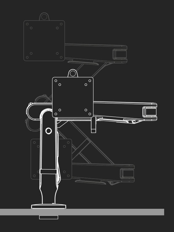 Een lijntekening van een Ollin-gamingmonitorarm van Herman Miller, waarop het bereik van de posities te zien is.
