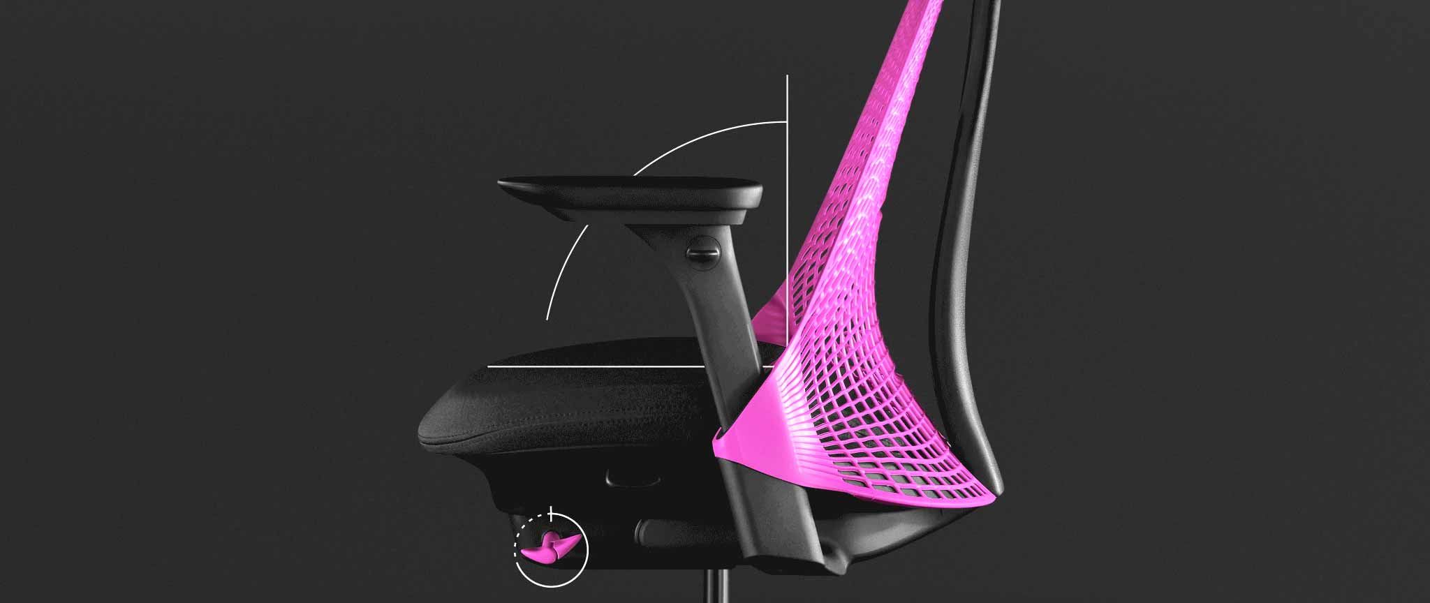 Zijaanzicht van een roze en zwarte Sayl-gamingstoel van Herman Miller, met witte afbeeldingen die de voorwaartse hoek van de zitting benadrukken.