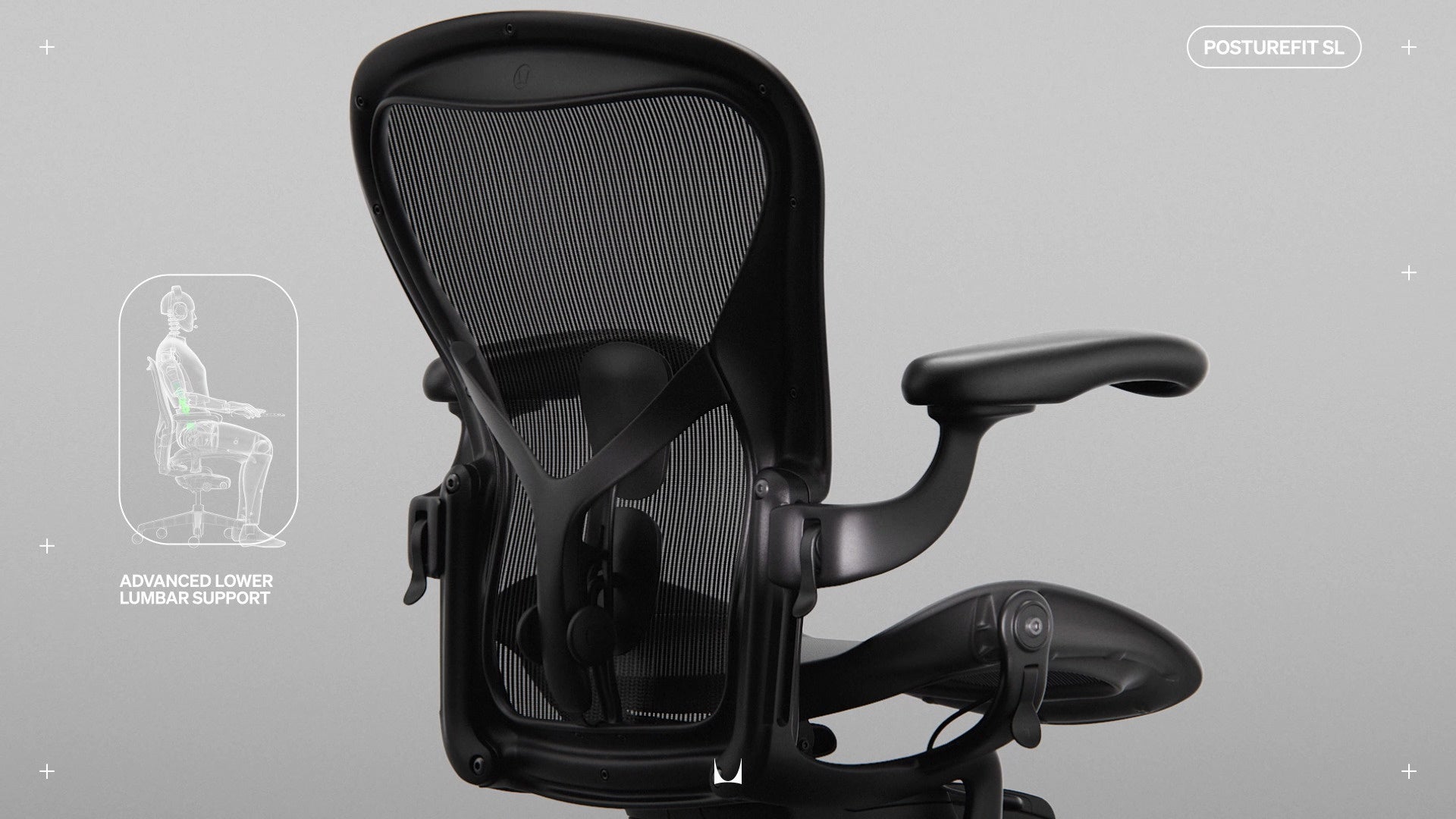 Achteraanzicht van de Aeron-gamingstoel met een lijntekening van een persoon die in de stoel zit en de tekst ‘Geavanceerde ondersteuning van de onderrug’ en ‘Posturefit SL’.
