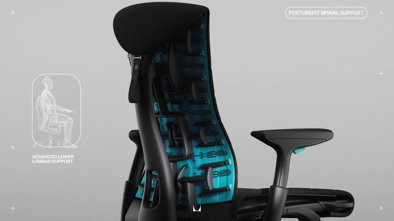 Zijaanzicht van Logitech Embody gamingstoel in zwart en cyaan, met daaroverheen een kleine lijntekening van de stoel met de omtrek van een zittende persoon en de woorden ‘geavanceerde ondersteuning van de onderrug’ links en ‘Posturefit-rugsteun’ rechtsboven in de afbeelding