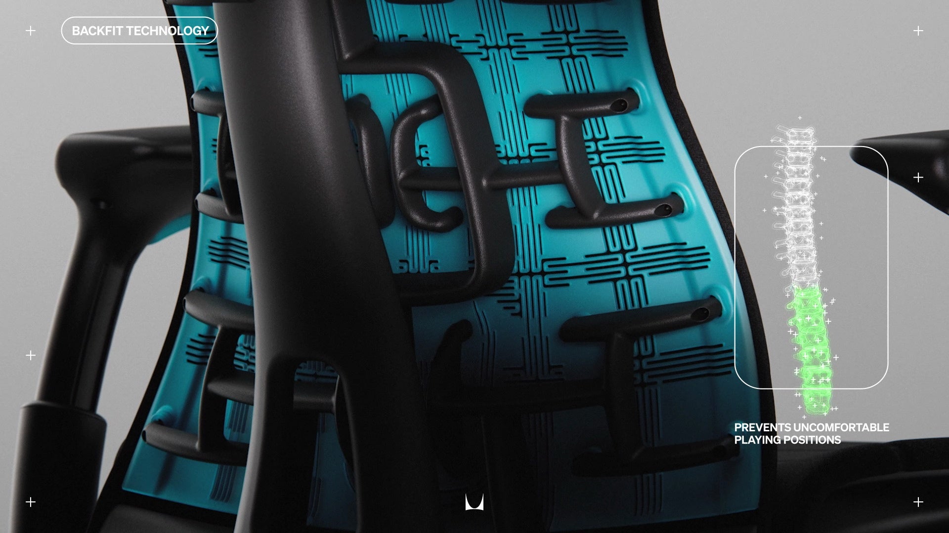 Close-up van de ruggengraat op de rugleuning van de Embody gamingstoel in cyaan, met daaroverheen een kleine lijntekening van een menselijke ruggengraat met de tekst ‘voorkomt oncomfortabele speelposities’ en Backfit