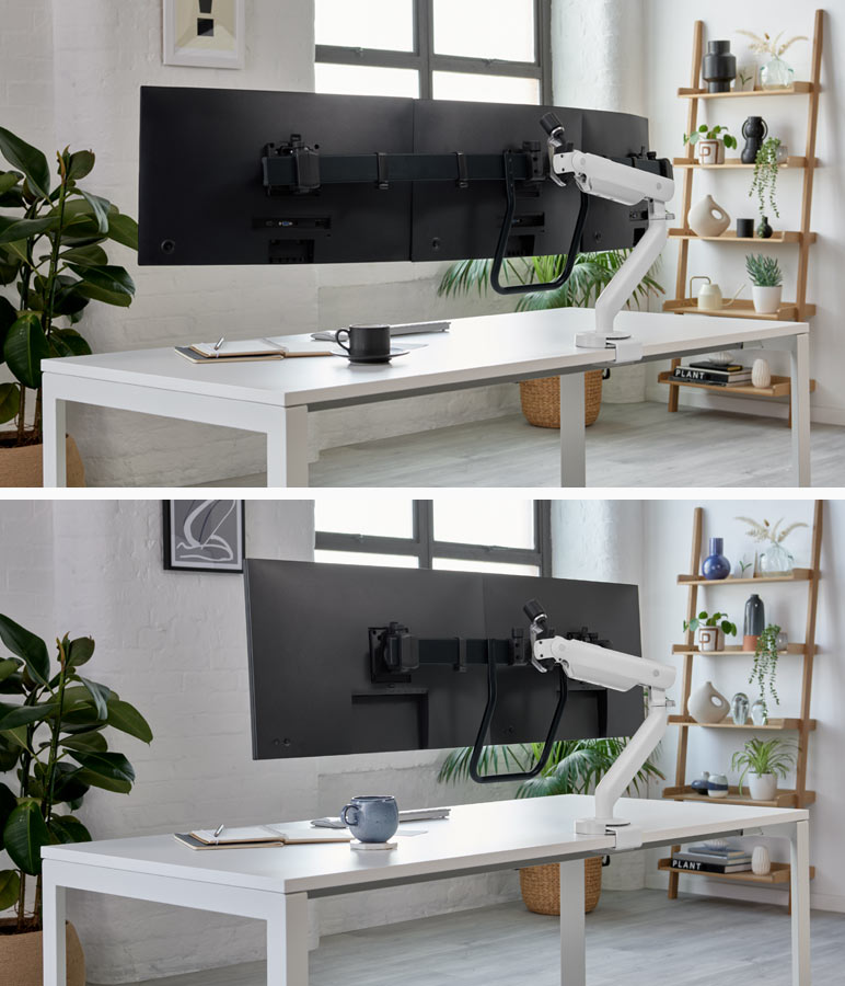 Een collage van twee afbeeldingen met witte Flo X-monitorarmen van CBS, één met twee schermen en één met drie schermen. Geplaatst in een thuiskantoor met witte bakstenen muren, houten planken en kamerplanten.