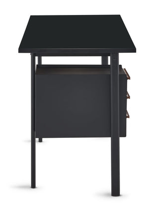 Zijaanzicht van een zwart Mode-bureau van Herman Miller, waarop het compacte en slanke ontwerp te zien is.