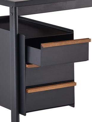 Vooraanzicht van een zwart Mode-bureau van Herman Miller, met de optionele ladekasten voor opslag in het thuiskantoor.