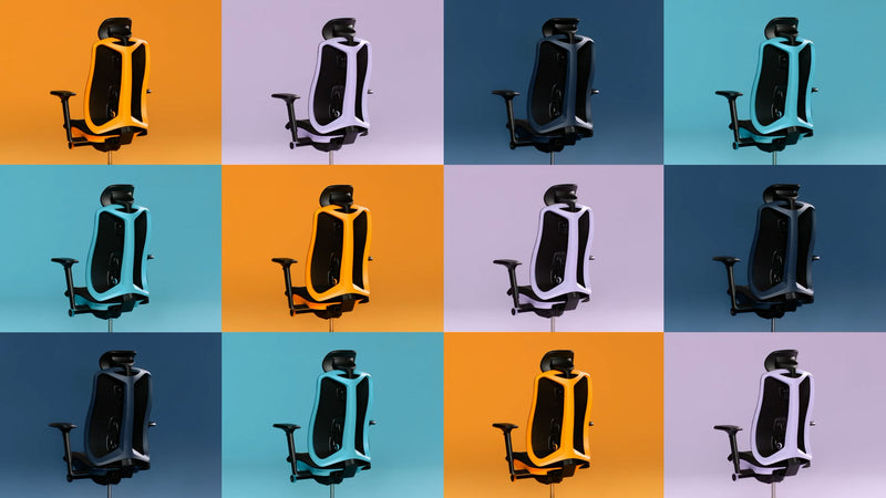 Een speelse en boeiende video waarin de Herman Miller Vantum-gamingstoel in geel, paars en blauw wordt getoond.