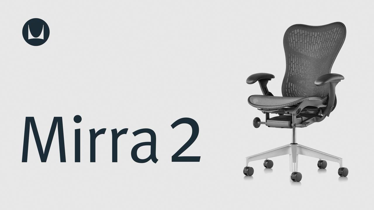 Een video die de technische verstelbare functies van een Herman Miller Mirra 2-bureaustoel laat zien, waaronder zithoogte, zitdiepte, kantelweerstand, kantelbeveiliging, rugleuningverstelling en armleuningverstelling.