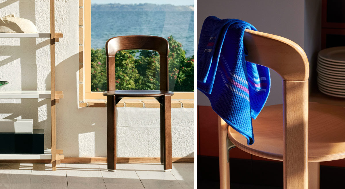 Een collage van twee afbeeldingen van twee Rey-stoelen van HAY, waarvan één een close-up is met een blauwe handdoek over de rugleuning van de stoel.