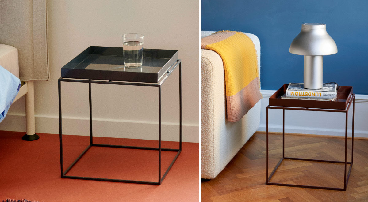 Een collage van twee afbeeldingen met een zwarte en chocoladekleurige Tray-tafel van HAY. De ene staat in een slaapkamer en de andere i