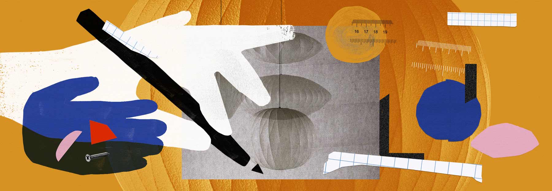 Grafische collage van ontwerpgereedschap voor de Herman Miller Nelson-bubbellampen