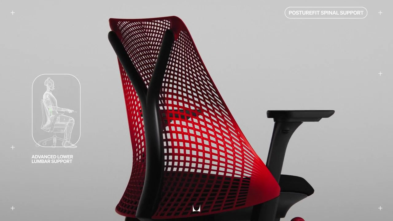 Achteraanzicht van de Sayl-gamingstoel met een lijntekening van een persoon die in de stoel zit, met de tekst ‘Geavanceerde ondersteuning van de onderrug’ en ‘Houdingsondersteuning voor de wervelkolom’