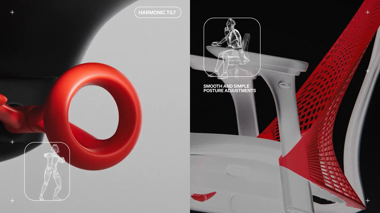 Gesplitst beeld met aan de ene kant een close-up van het harmonische kantelmechanisme van de Sayl-gamingstoel en aan de andere kant een stoel die naar achteren is gekanteld met de tekst ‘Harmonic tilt 2’ en ‘Smooth and simple posture adjustments’ (Harmonische kanteling 2 en soepele en eenvoudige houdingsaanpassingen).