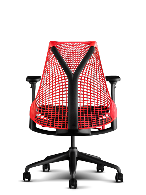 Achterkant van Herman Miller Sayl gamingstoel in rood en zwart