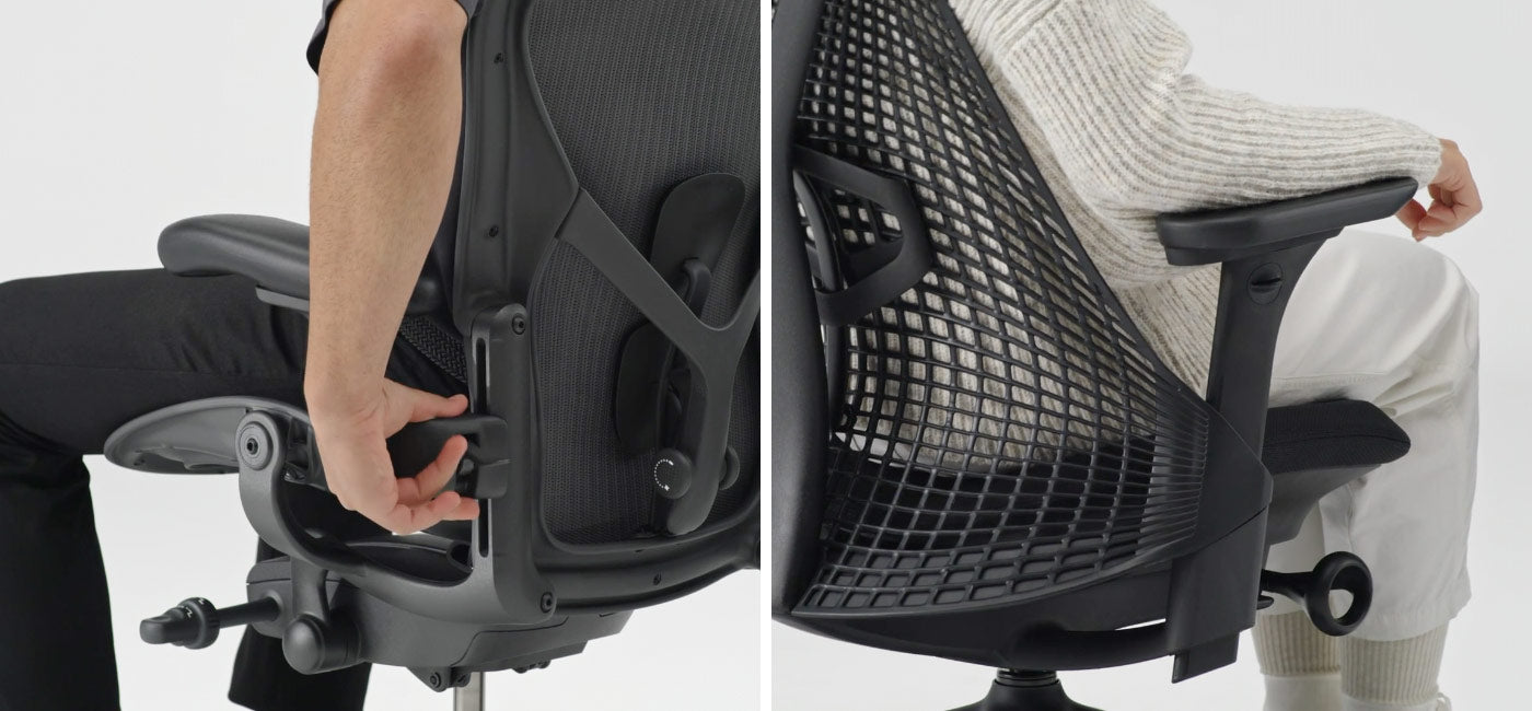 Close-upfoto van het verstelmechanisme aan de achterkant van de Aeron-bureaustoel die wordt gebruikt door een man die in de stoel zit, naast een andere stoel waarop het verstelmechanisme aan de achterkant van de Sayl-bureaustoel te zien is met een persoon die in de stoel zit