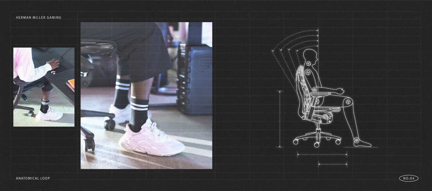 Close-up van een persoon die correct zit met de voeten plat op de grond naast een mechanisch diagram van een persoon in een zittende houding