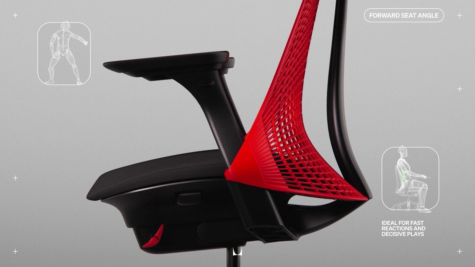 Zijaanzicht van de Sayl-gamingstoel met alle verstelmechanismen geannoteerd met kleine lijntekeningen met de tekst ‘Forward seat Angle’ (Voorwaartse zithoek) en ‘Ideal fast reaction and decisive plays’ (Ideale snelle reacties en doortastend spel).