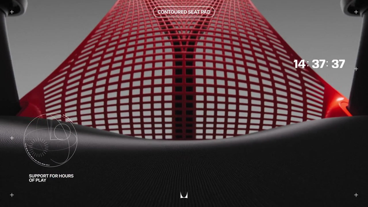 Close-up van Sayl-gamingstoelen met voorgevormd zitkussen, voorzien van de tekst ‘Contoured Seat Pad’ en ‘Support for hours of play’