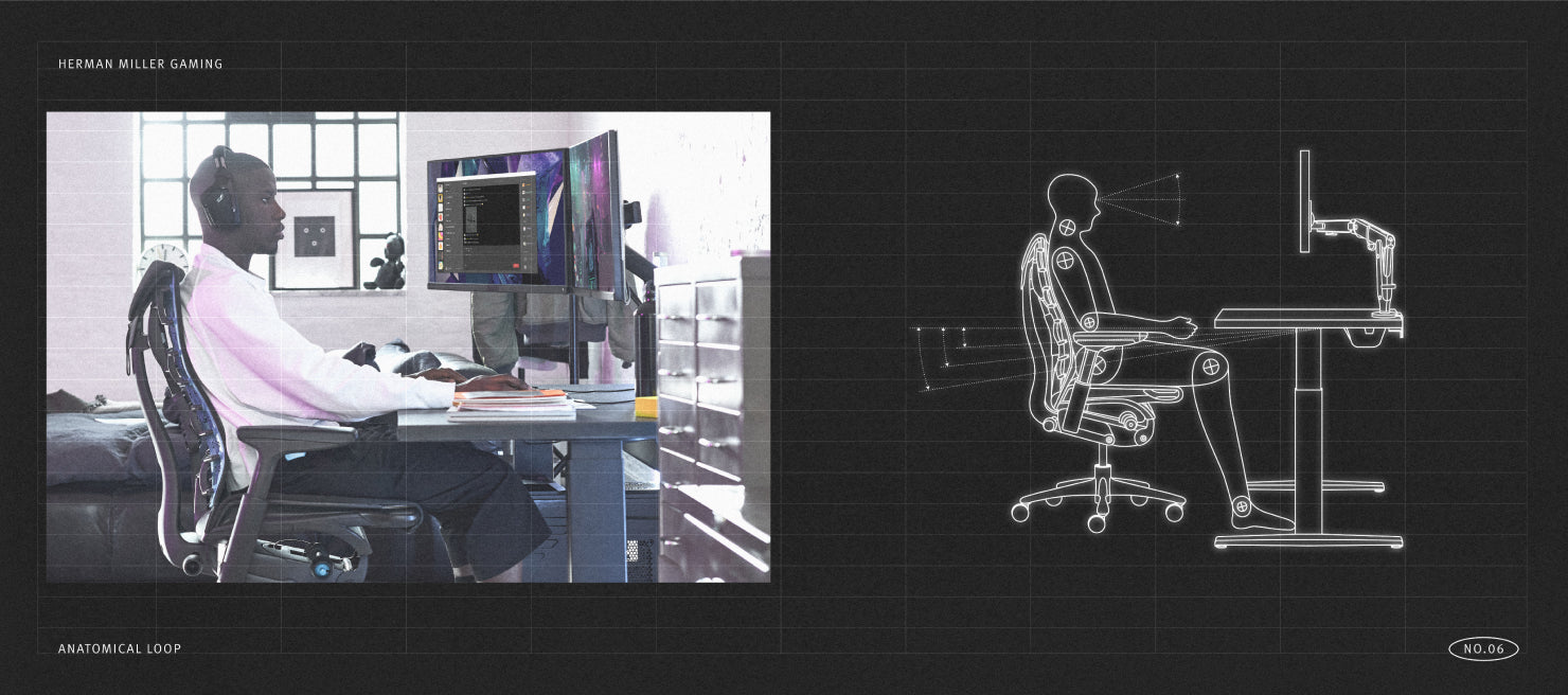 Foto van persoon in optimale positie tijdens het gamen naast mechanisch diagram van persoon in correcte optimale positie