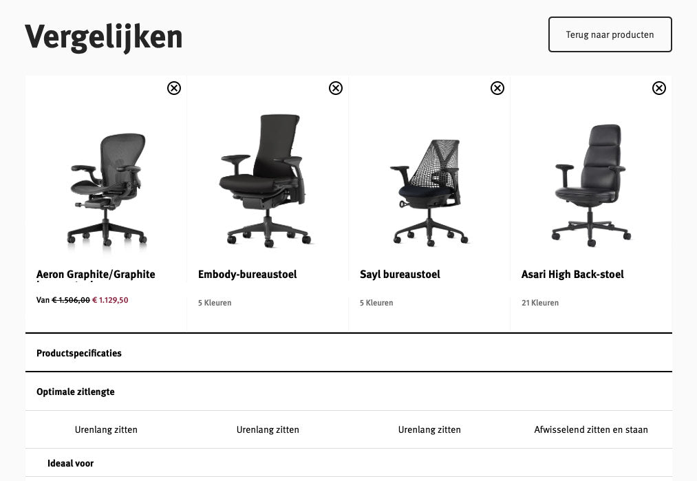 Foto van de Herman Miller-vergelijkingstool waarmee u maximaal 4 thuiswerkstoelen met alle specificaties naast elkaar kunt bekijken