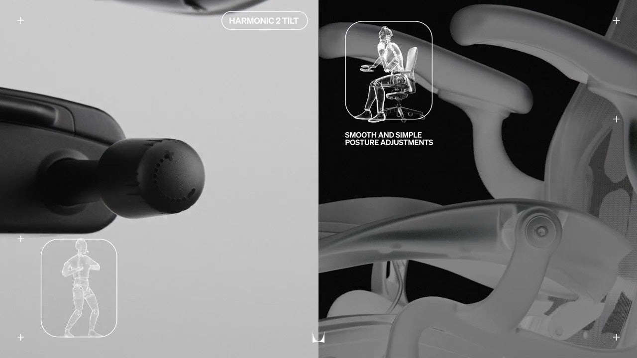 Close-up van het kantelmechanisme van de Aeron-stoel naast een röntgenfoto van de stoel die achterover kantelt, voorzien van de tekst ‘Harmonische kanteling 2’ en ‘Soepele en eenvoudige houdingsaanpassingen’.