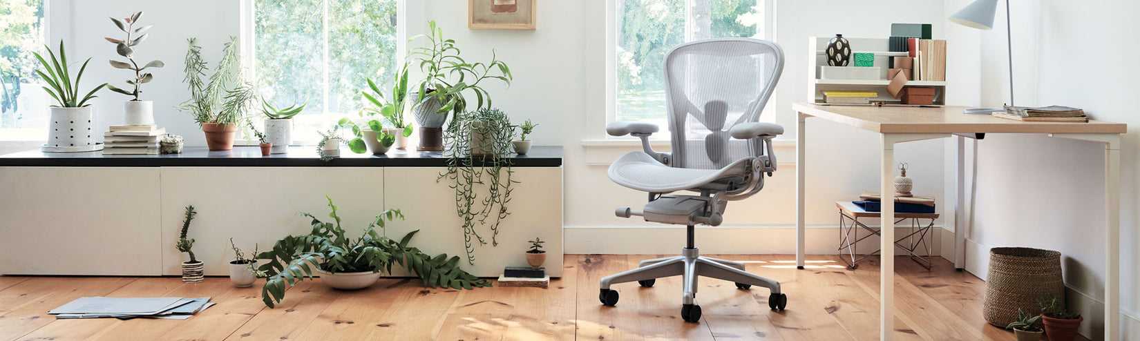 Herman Miller Aeron in mineraal met OE1-bureau met vaste hoogte, wit frame en essenhouten blad in een lichte thuiskantooromgeving vol planten