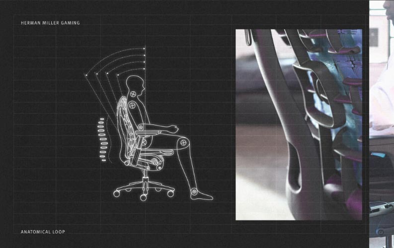 Mechanisch diagram van een persoon zittend op een Herman Miller Embody-gamingstoel naast een close-upfoto van de achterkant van een cyaanblauwe en zwarte Embody-gamingstoel