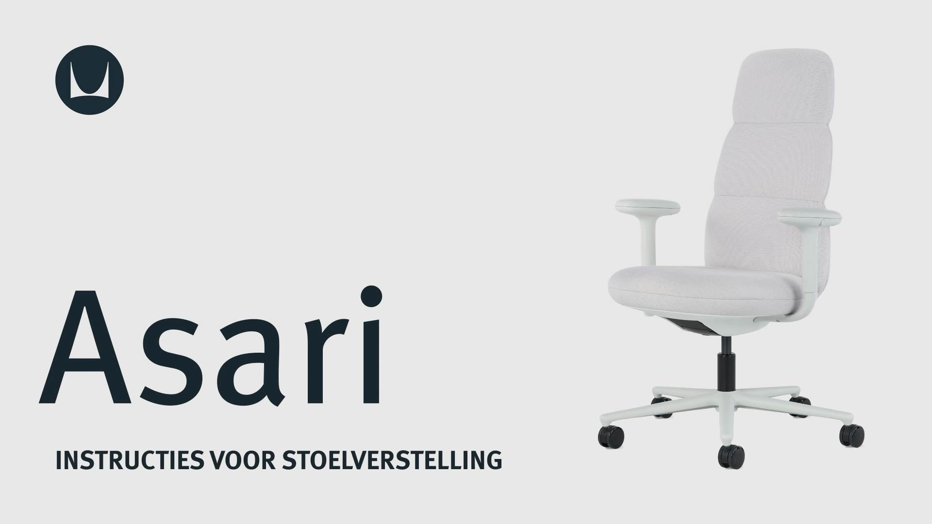 Een video die de technische verstelbare functies van een Herman Miller Asari-bureaustoel laat zien, waaronder de zithoogte en de armleuningen.