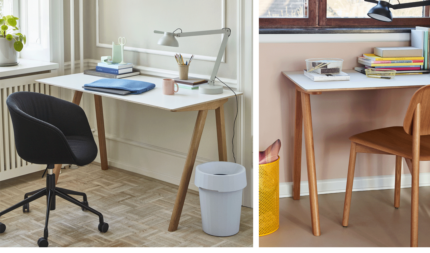 Een collage van twee afbeeldingen van twee witte en eikenhouten Copenhague 90-bureaus van HAY. Geplaatst in een thuiskantoorruimte met boeken, prullenbakken en bureaulampen.