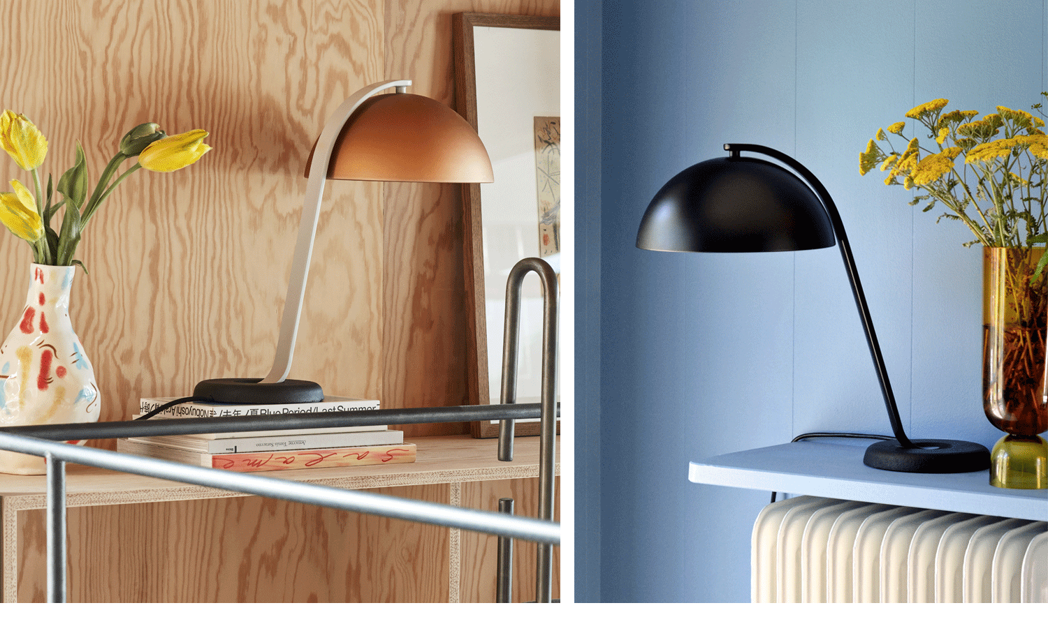 Een collage van twee afbeeldingen, met twee HAY Cloche-tafellampen in mokka en zwart. Beide staan op een plank naast een bloemenvaas.
