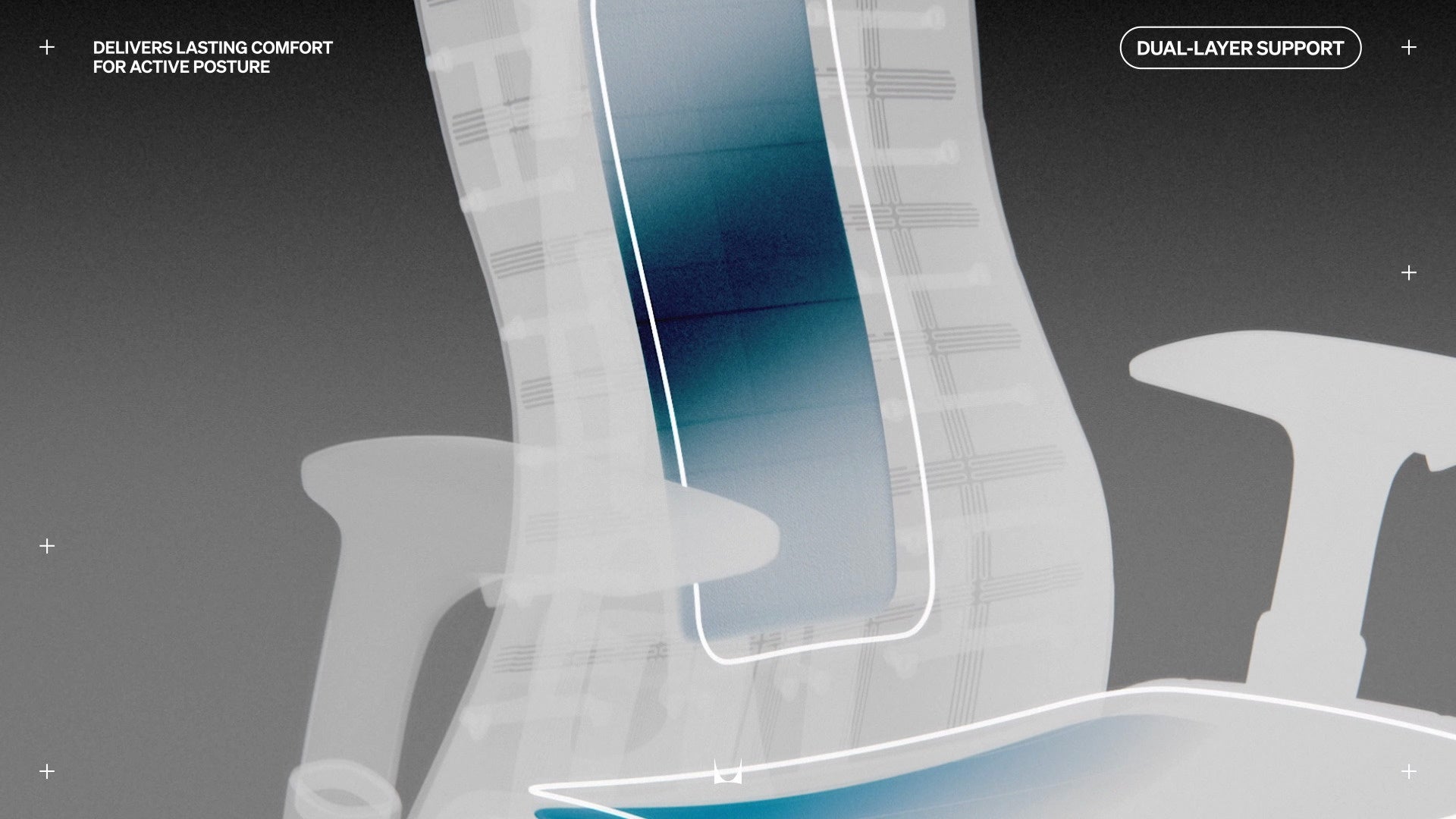 Coole thermische afbeelding van de Embody gamingstoel van voren, met daaroverheen een lijntekening rond het midden van de rugleuning en de zitting, met rechtsboven de tekst ‘Dual Layer Support’ en linksboven ‘Delivers