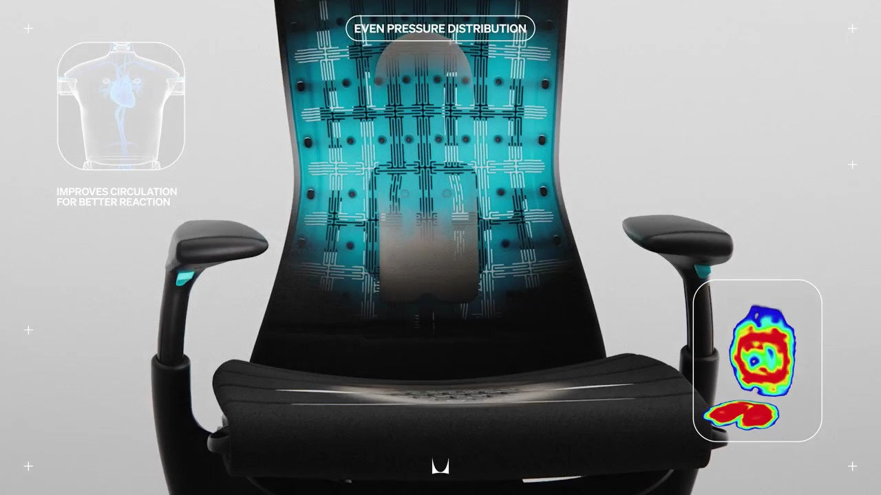 Thermische afbeelding gericht op de rugleuning van de Embody-stoel, met de tekst ‘verbetert de bloedsomloop voor een betere reactie’ en ‘gelijkmatige drukverdeling’.