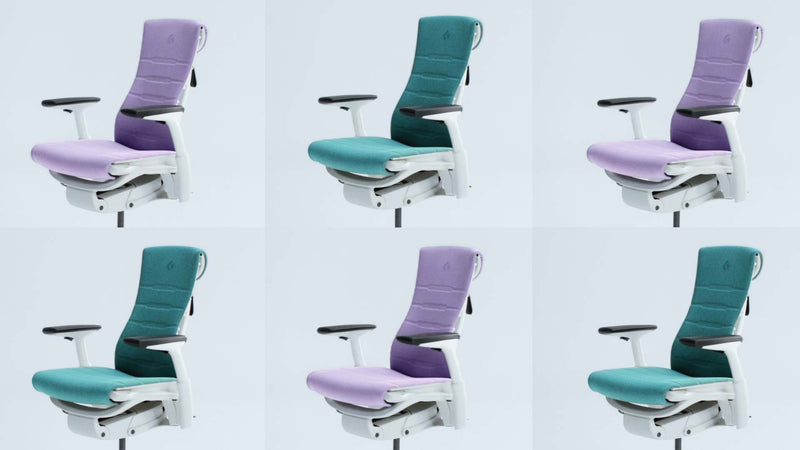 Een speelse en boeiende video waarin de Herman Miller Embody-gamingstoel in wit, blauw en paars wordt getoond.