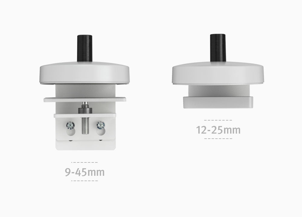 Twee Flo X-monitorarmklemmen, die de verschillende opties laten zien, afhankelijk van het bureau en de dikte van het oppervlak.