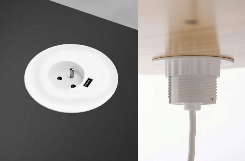 Boven- en onderaanzicht van een doorvoertule in een laminaatbureau met één stopcontact en USB-aansluiting.