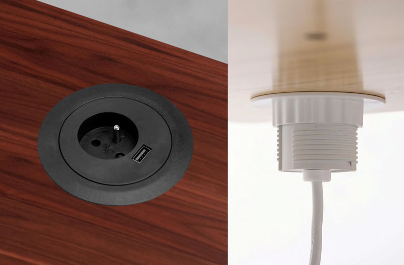 Boven- en onderaanzicht van een doorvoertule in een laminaatbureau in walnoot met één stopcontact en USB-aansluiting.