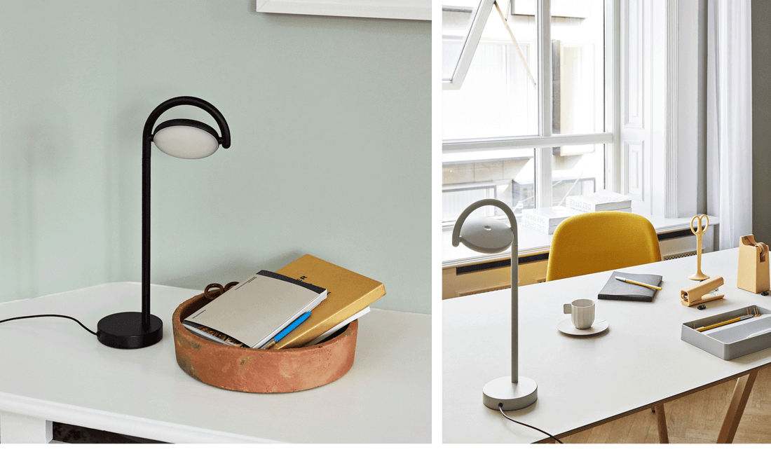 Twee afbeeldingen van HAY Marselis-bureaulampen in zwart en wit als onderdeel van een thuiskantoor.