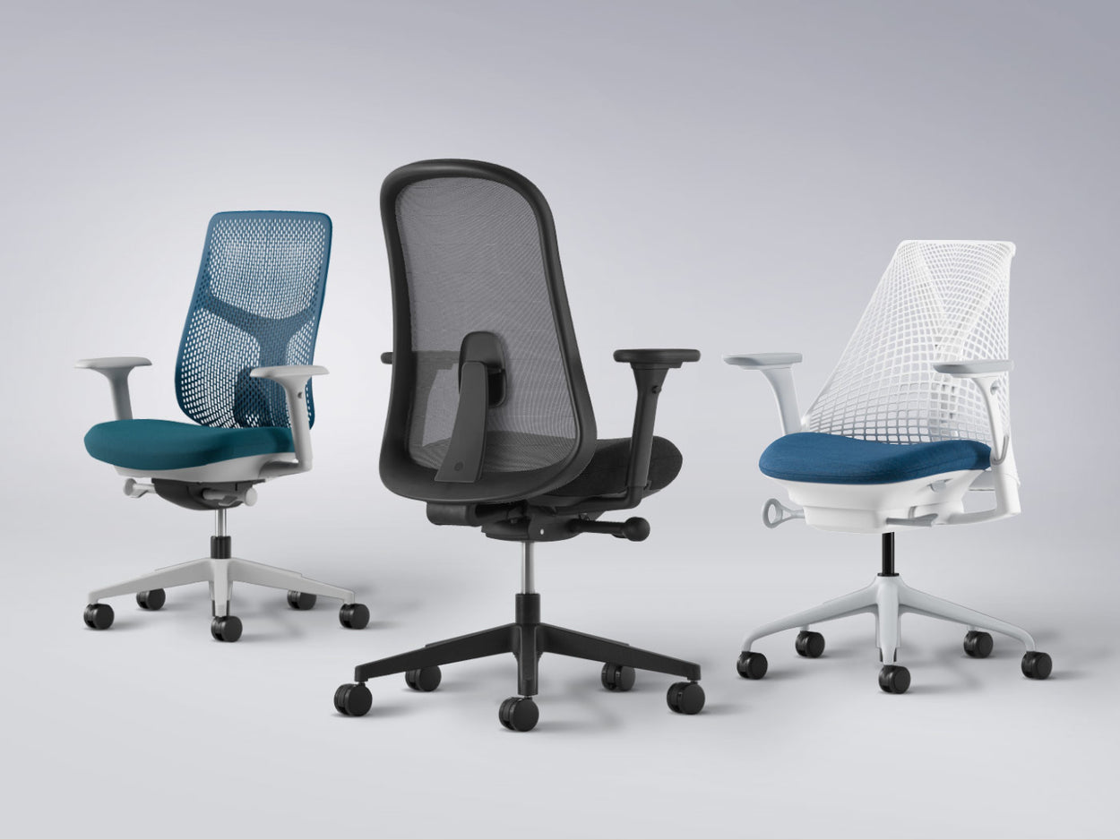 Ergonomische bureaustoelen Herman Miller Verus, Lino en Sayl in blauw, groen en zwart.