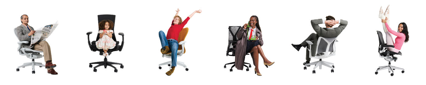 Een rij van zes ergonomische bureaustoelen van Herman Miller, waaronder Aeron, Embody, Mirra 2, Sayl en Cosm.