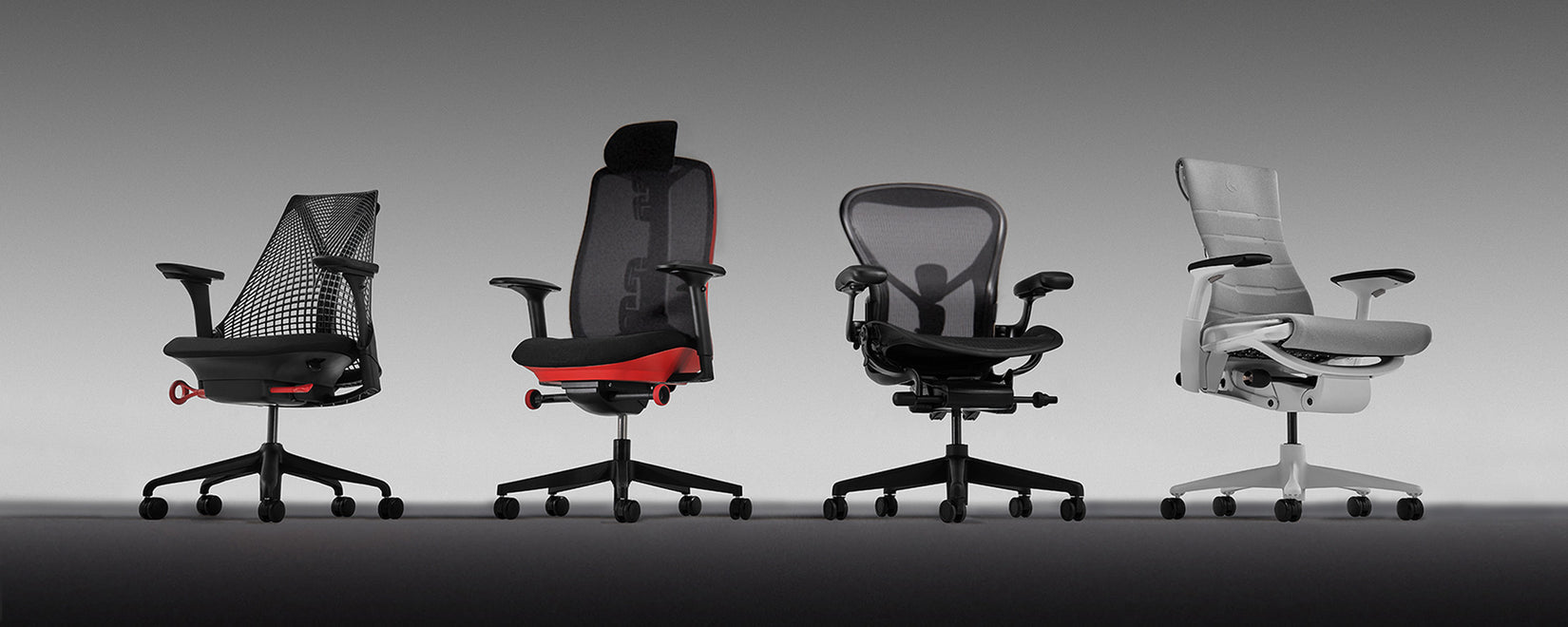 Een opstelling van hoogwaardige ergonomische gamingstoelen van Herman Miller. Met de Sayl, Vantum, Aeron en Embody Gaming.