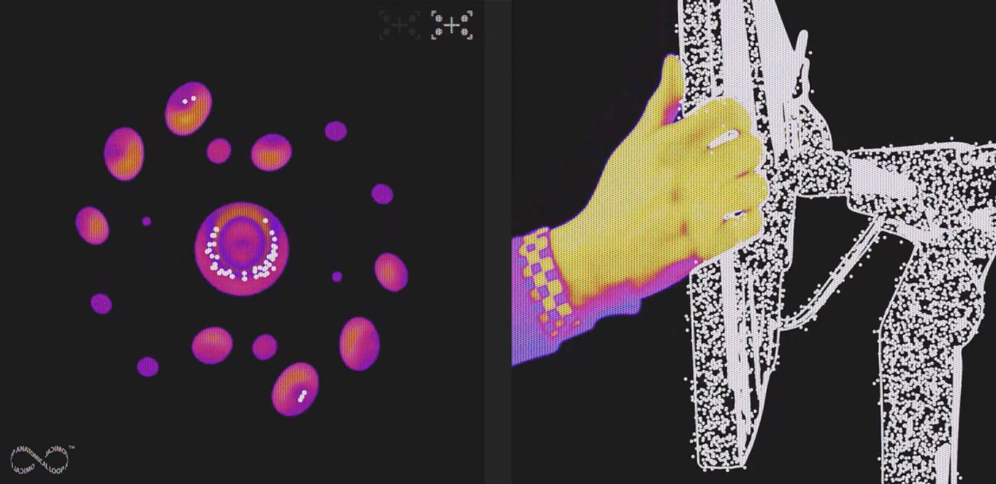 Grafische afbeelding van moleculaire blobs, voorzien van de tekst ‘Focus vinden’ en ‘Speel vanuit je beste positie met een monitorarm die bij je focus past’. Thermische afbeelding van een Ollin-gamingmonitorarm die wordt versteld