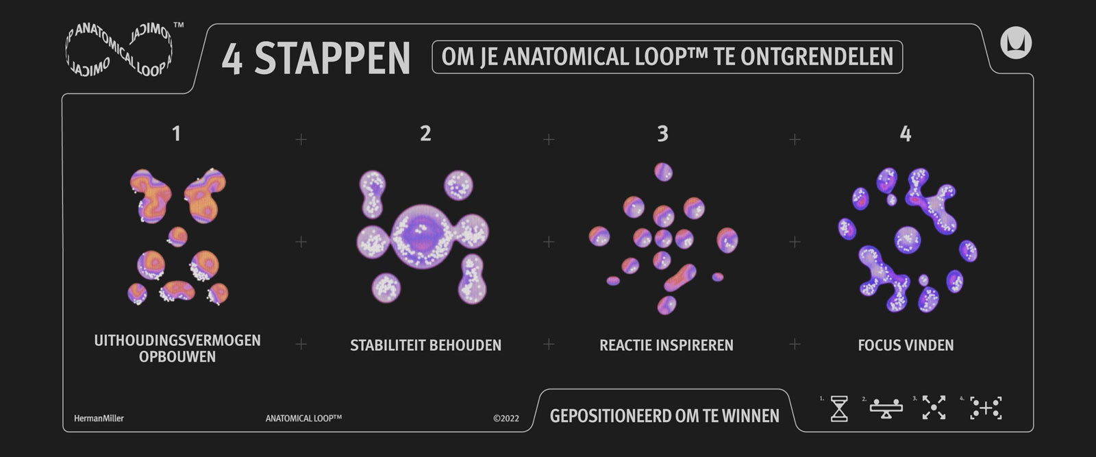 Grafische afbeelding van 4 stappen met moleculaire afbeeldingen en bijschriften: 4 stappen om je anatomische loop te ontgrendelen - 1 Bouw uithoudingsvermogen op, 2 Behoud stabiliteit, 3 Inspireer reactie en 4 Vind focus, eindigend met ‘Klaar om te winnen’.