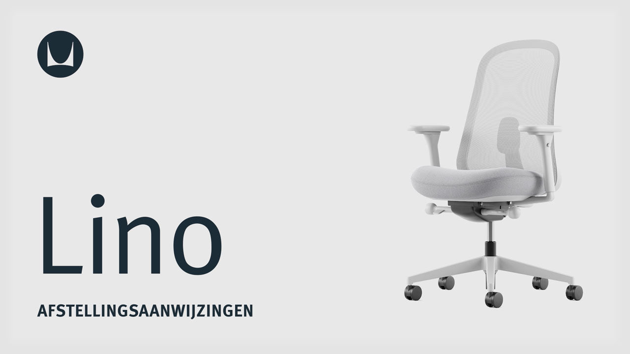 Een video die de technische verstelbare functies van een Herman Miller Lino-bureaustoel laat zien, waaronder zithoogte, zitdiepte, kantelweerstand, kantelbeveiliging, rugleuningverstelling en armleuningverstelling.