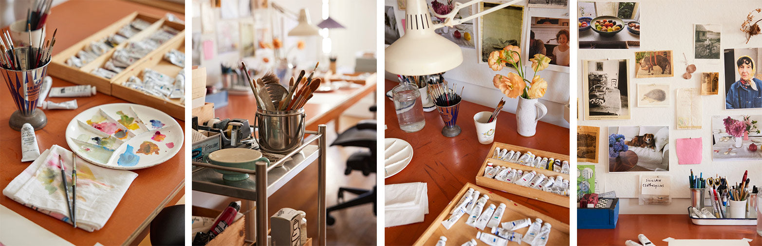 Vier foto's met diverse kunstenaarsmaterialen, verf, penselen en een muur met diverse schilderijen en foto's