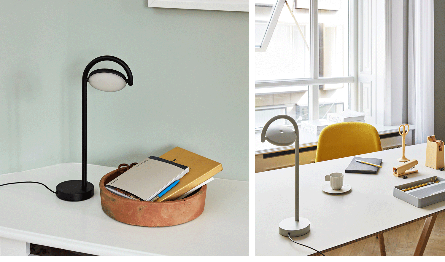 Een collage van twee afbeeldingen, met twee HAY Marselis-tafellampen in zwart en grijs.