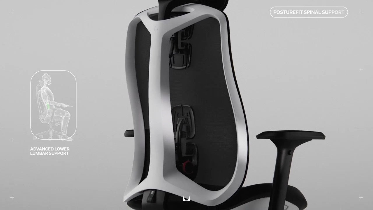 Achteraanzicht van de Vantum-gamingstoel met een kleine lijntekening van een persoon die in de stoel zit, met de tekst ‘Geavanceerde ondersteuning van de onderrug’ en ‘Posturefit-rugsteun’