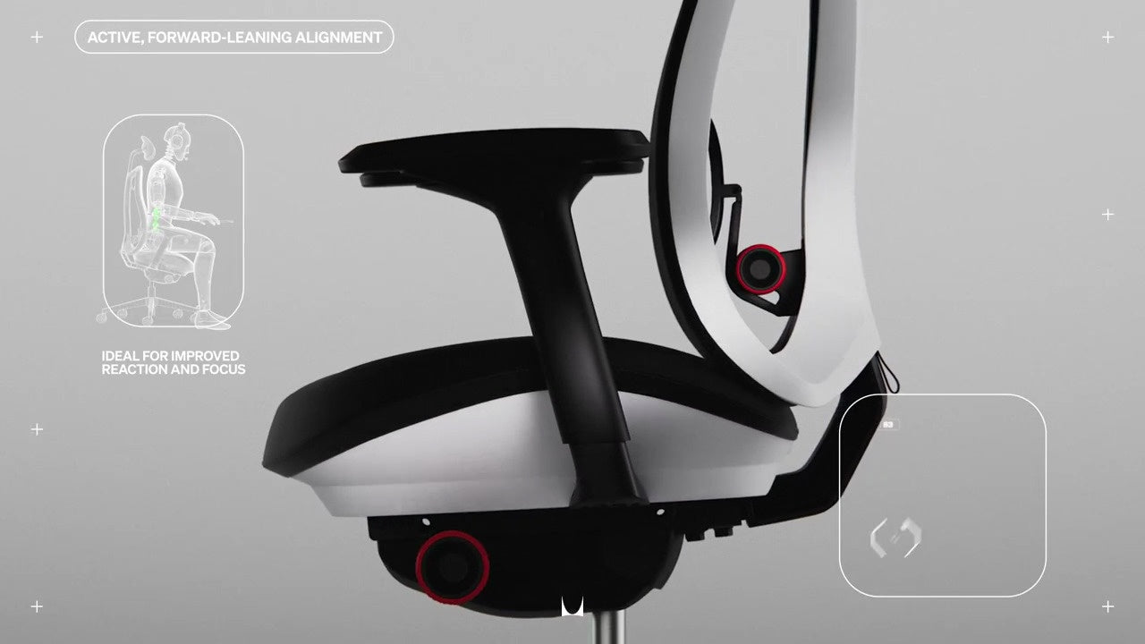 Zijaanzicht van de Vantum-gamingstoel met een kleine lijntekening en de tekst ‘Ideaal voor een betere reactie en focus’ en ‘Actieve, naar voren hellende houding’