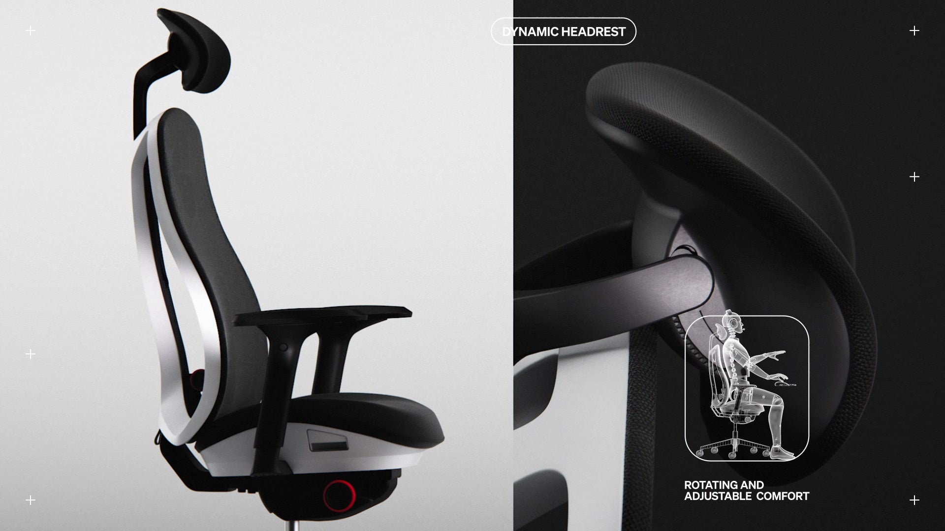 Zijaanzicht van de Vantum-gamingstoel met hoofdsteun voorzien van een kleine lijntekening met de tekst ‘Draaibaar en verstelbaar comfort’ en ‘Dynamische hoofdsteun’