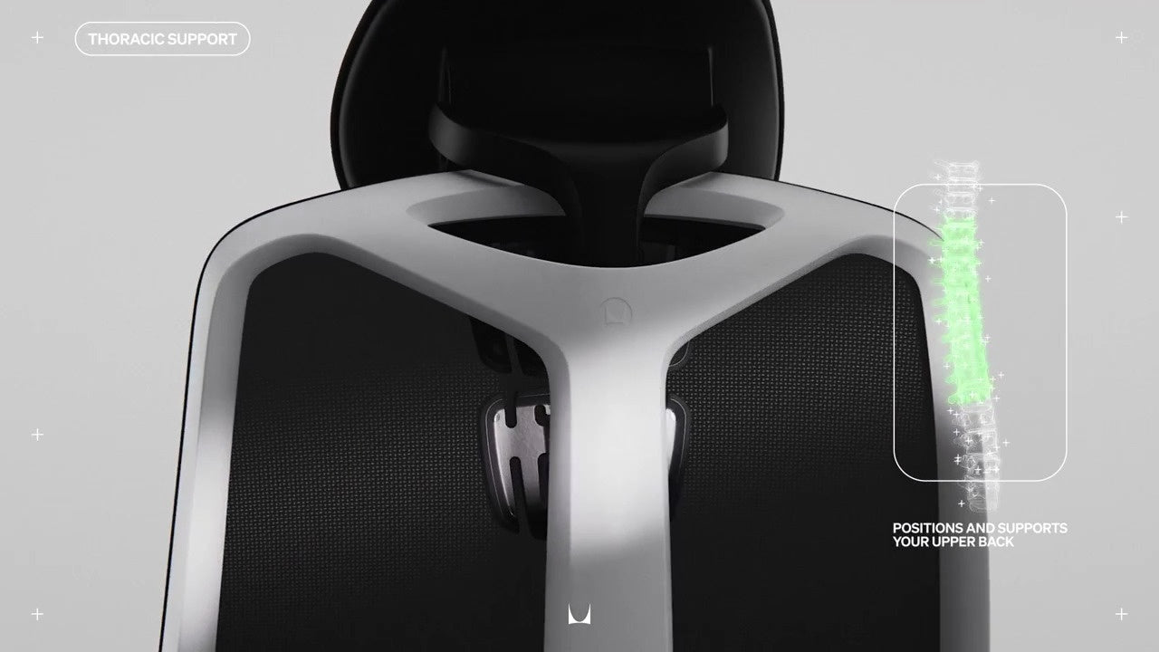 Zijaanzicht van de Vantum-gamingstoel met hoofdsteun voorzien van een kleine lijntekening van de wervelkolom met de tekst ‘Positioneert en ondersteunt uw bovenrug’ en ‘Thoracale ondersteuning’