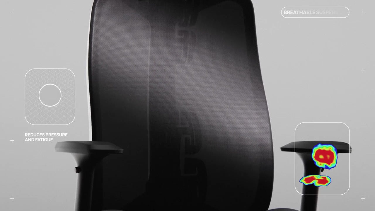 Vooraanzicht van de rugleuning van de Vantum-gamingstoel met een kleine lijntekening en de tekst ‘Vermindert druk en vermoeidheid’ en ‘Ademende vering’.